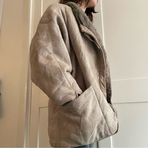 Vintage grey cream genuine sheepskin shearling jacket aviator style high end - Picture 6 of 8